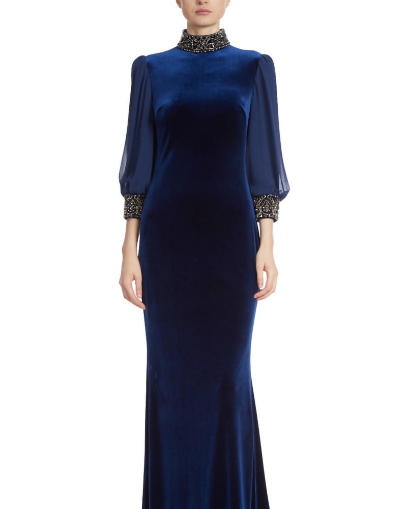 Front of a model wearing a size 10 Velvet Embellished Cuff Gown In Midnight in Midnight by Badgley Mischka. | dia_product_style_image_id:344745